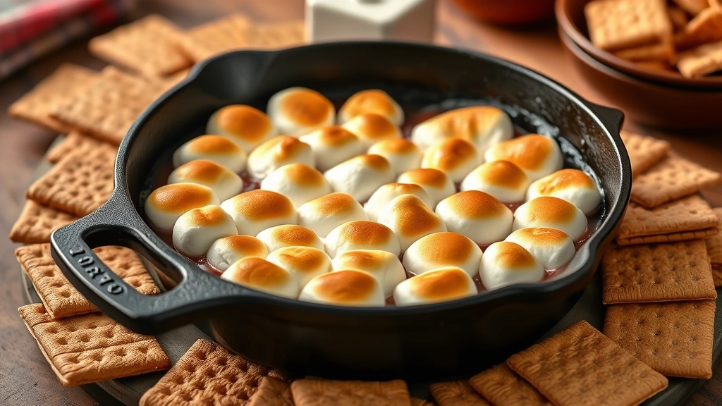 hero: warm s'mores dip in cast-iron skillet with melted marshmallows and chocolate, golden-brown toasted marshmallows, graham crackers arranged around it, photorealistic, natural light from above, no text, cozy table setting background