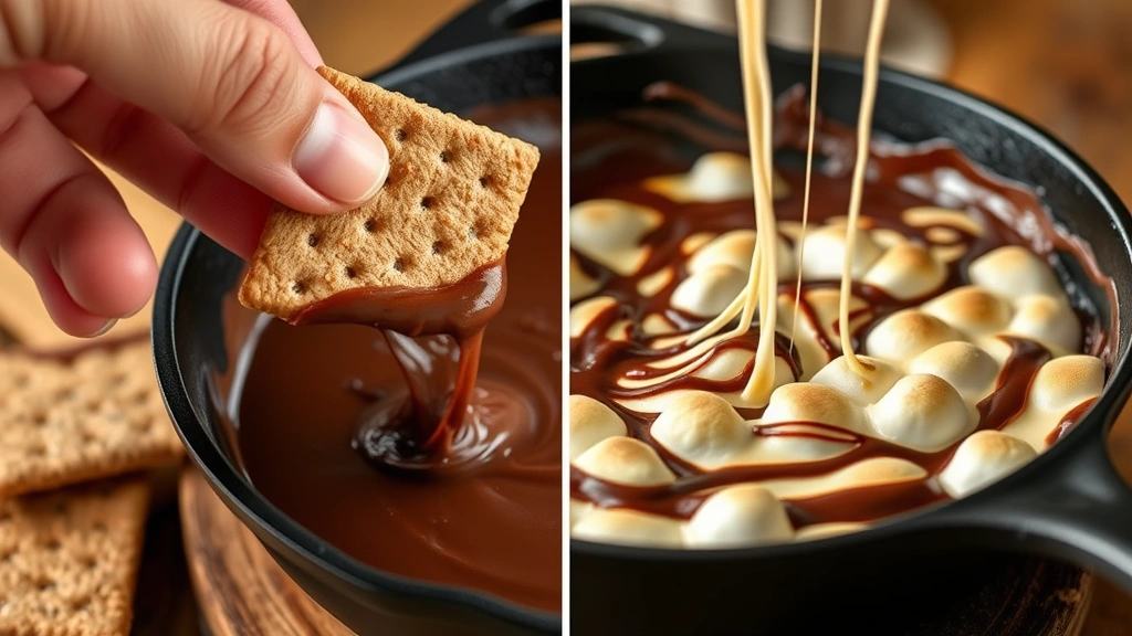 process: hand dipping graham cracker into gooey melted chocolate and marshmallow dip, stringy cheese-like pull of dip, cast-iron skillet steaming, photorealistic, warm natural light, no text