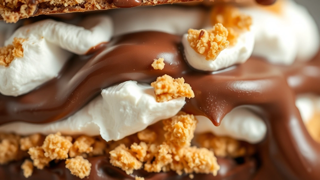 detail: close-up macro shot of layers showing melted chocolate, fluffy marshmallow, and graham cracker crumbs, gooey texture prominent, photorealistic, bright natural light, shallow depth of field, no text