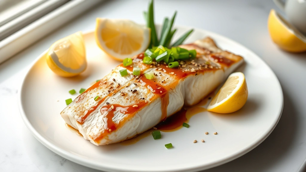 hero: perfectly cooked sablefish fillet with miso-butter glaze on white plate, garnished with green onions and sesame seeds, fresh lemon wedges alongside, soft natural window light, clean minimalist plating, photorealistic, no text