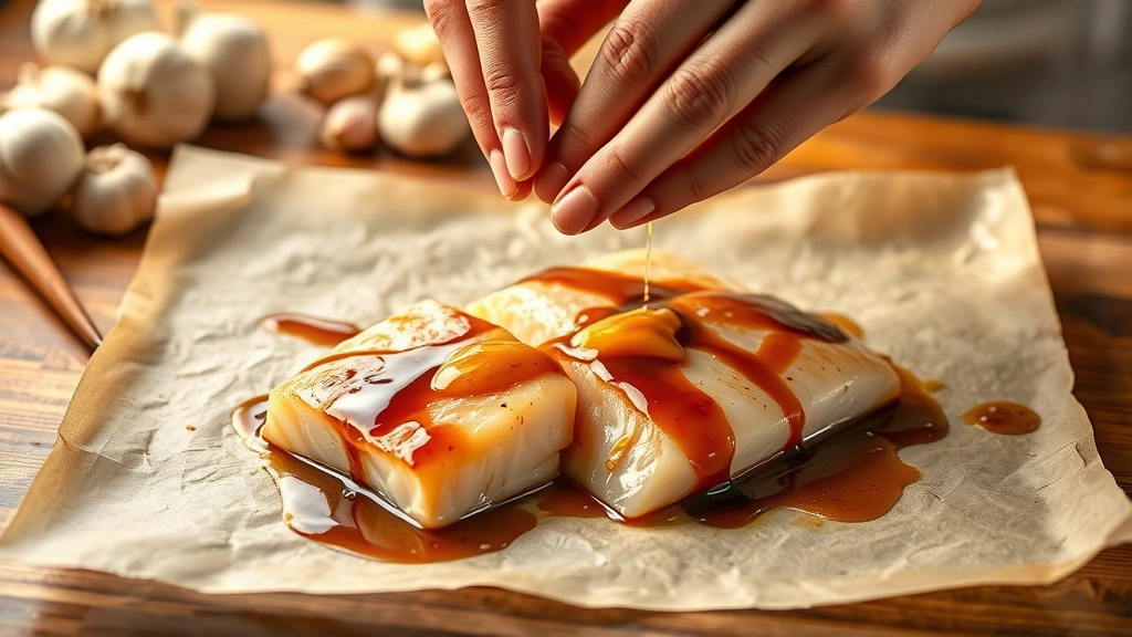 process: hands spreading miso-butter glaze over raw sablefish fillets on parchment paper, wooden spoon with glaze, fresh garlic and ginger in background, warm kitchen lighting, photorealistic, no text