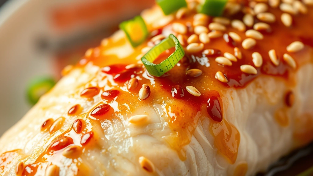 detail: close-up of cooked sablefish fillet showing flaky interior texture and caramelized glaze top, sesame seeds and green onion garnish, shallow depth of field, warm natural lighting, photorealistic, no text