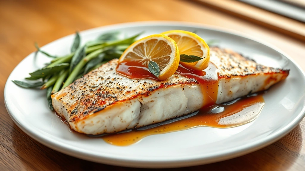 hero: pan-seared sablefish fillet with crispy skin, topped with brown butter sage sauce and fresh lemon, on white plate, warm natural window light, shallow depth of field, no text