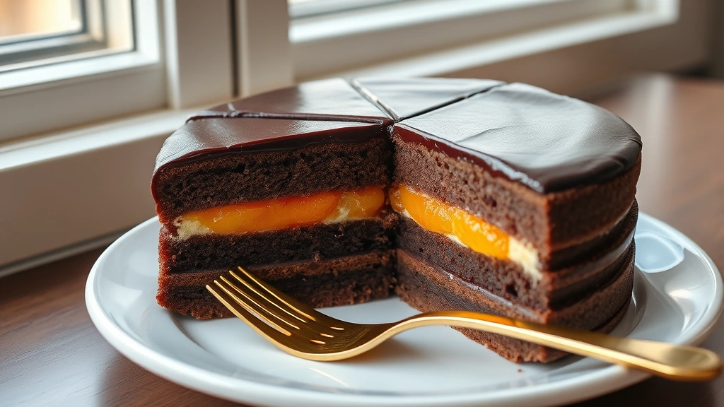 hero: elegant sliced Sacher Torte showing chocolate cake layers and apricot jam filling with dark chocolate glaze, served on white plate with gold fork, natural window light, no text