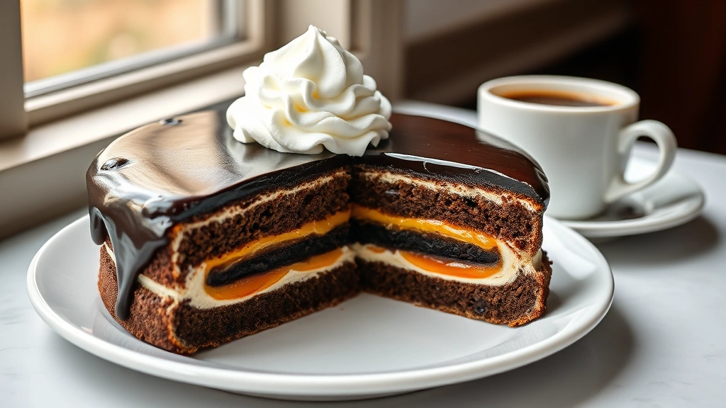 hero: sliced Sachertorte on white plate showing chocolate cake layers with apricot jam filling and glossy dark chocolate glaze, topped with whipped cream and coffee cup nearby, photorealistic, natural window light, no text, professional food photography