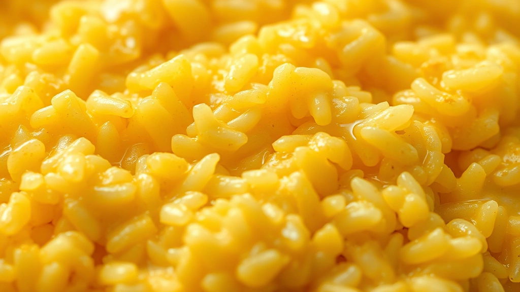 detail: extreme close-up macro shot of creamy risotto texture showing individual rice grains coated in silky sauce, golden saffron color throughout, natural diffused light, artistic composition, no text