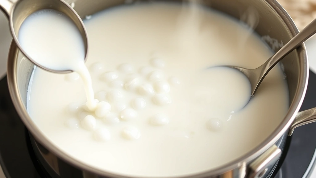 process: sago pearls being stirred into simmering milk in stainless steel pot, pearls translucent and suspended, steam rising gently, photorealistic, natural kitchen lighting, no text