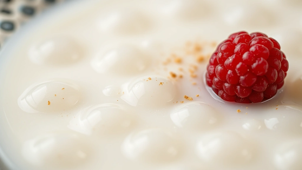 detail: close-up macro shot of sago pudding showing individual translucent pearls in creamy milk base, garnished with single raspberry and nutmeg dust, shallow depth of field, photorealistic, no text