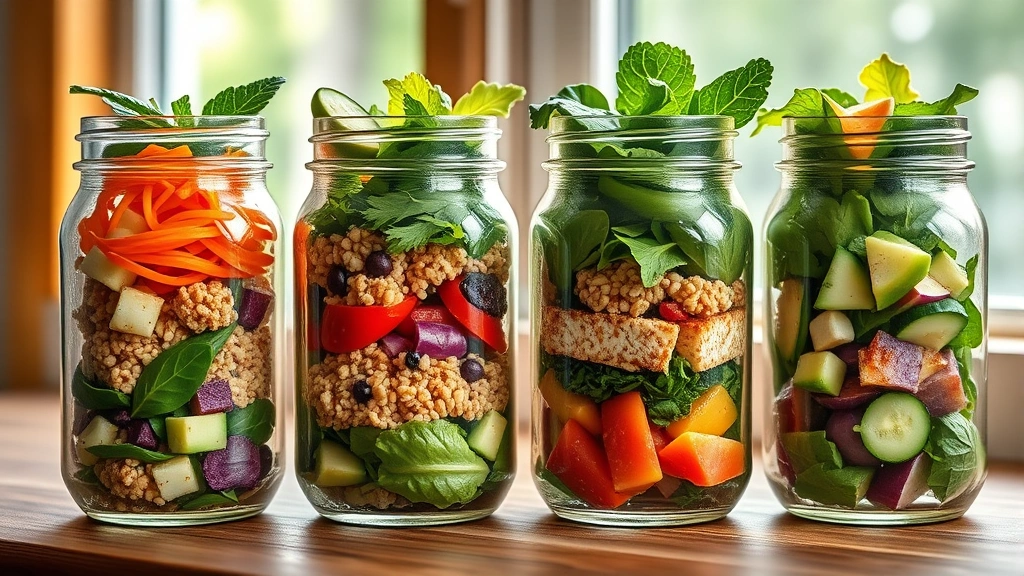 hero: four clear mason jars filled with vibrant layered salad ingredients showing colorful vegetables, grains, proteins, and fresh greens, natural window light, wooden surface, photorealistic, no text