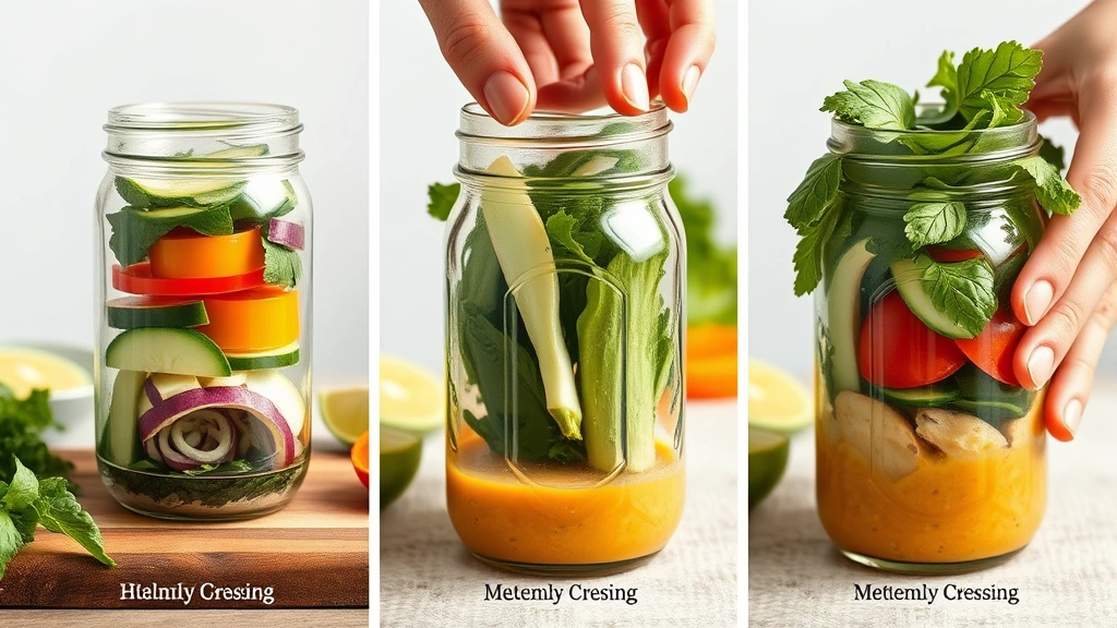 process: hands layering vegetables into mason jar with dressing at bottom, showing the step-by-step assembly method, natural light, photorealistic, no text
