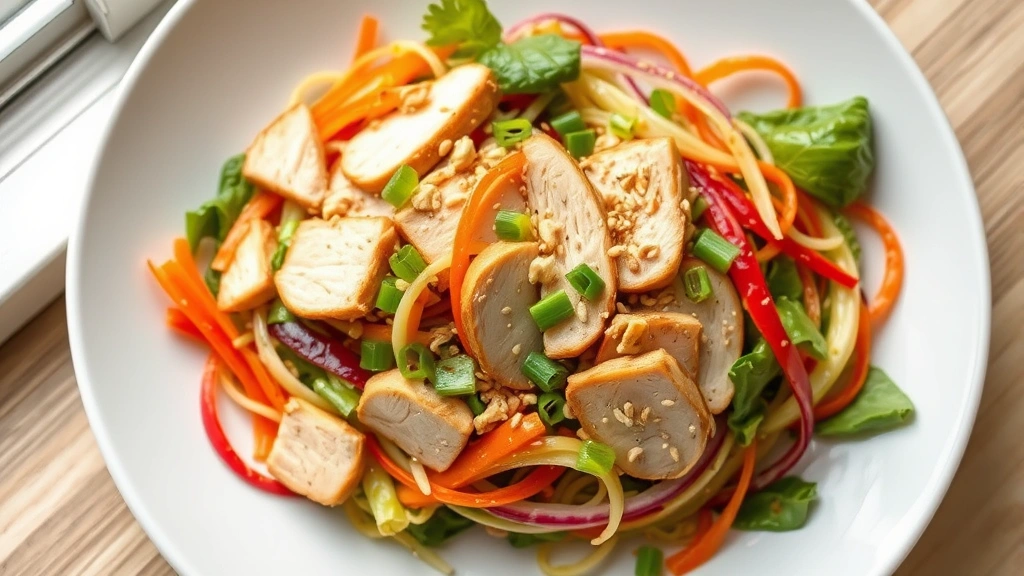 hero: vibrant Chinese salad with sliced chicken, colorful vegetables, sesame seeds, and green onions on white plate, natural window light, top-down view, no text