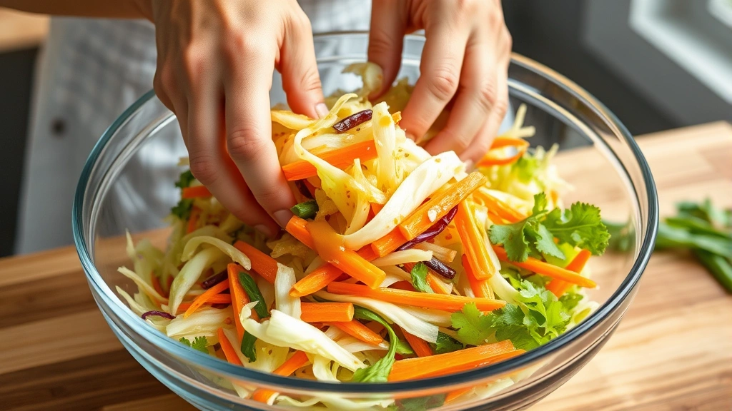 process: hands tossing fresh Napa cabbage and carrots in large glass bowl with golden sesame-ginger dressing, natural kitchen light, no text