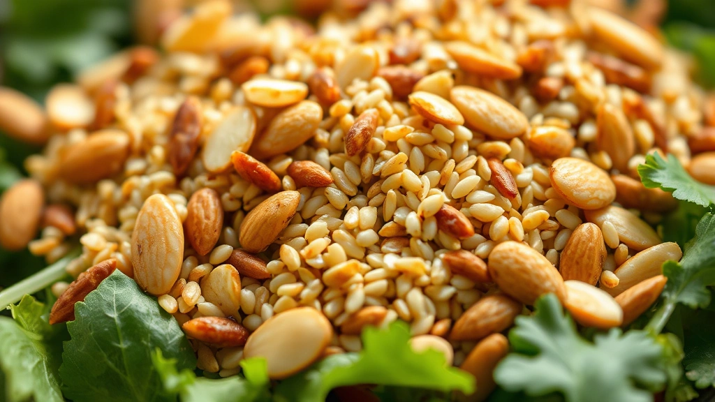 detail: close-up of crispy toasted sesame seeds and almonds on fresh salad with visible ginger and cilantro, shallow depth of field, natural light, no text