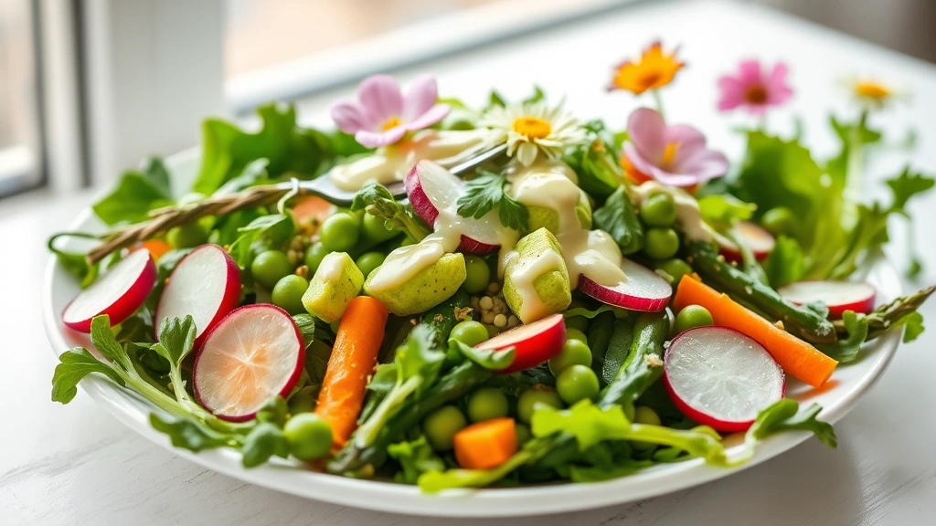 hero: beautiful Easter salad with mixed spring greens, fresh asparagus, peas, radishes, and carrots arranged on white plate with light lemon dressing drizzled over top, edible flowers as garnish, photorealistic, natural window light, no text, bright and fresh spring aesthetic