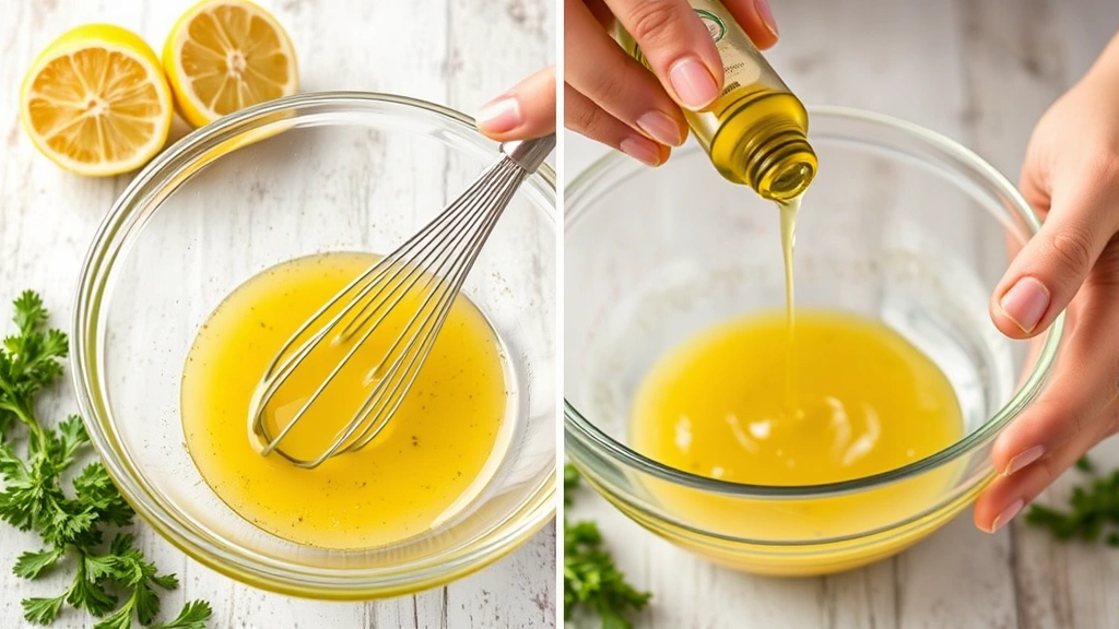 process: hands whisking lemon vinaigrette in glass bowl with olive oil being drizzled in, fresh lemon halves and herbs visible, photorealistic, natural light, no text, showing emulsification technique