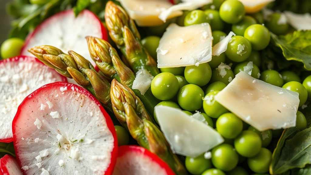 detail: close-up macro shot of salad components showing crispy radish slices, tender asparagus pieces, bright green peas, and fresh herbs with Parmigiano-Reggiano shavings, photorealistic, natural light, no text, vibrant spring colors
