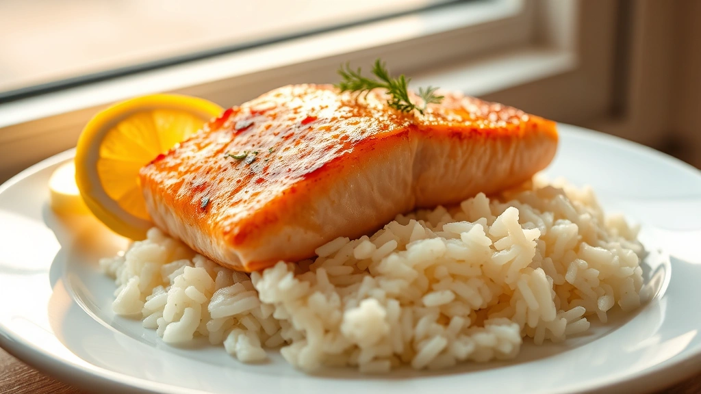 hero: Golden-brown pan-seared salmon fillet served on fluffy jasmine rice with fresh lemon wedges and dill garnish, warm natural window lighting, professional plating on white ceramic plate, no text or branding