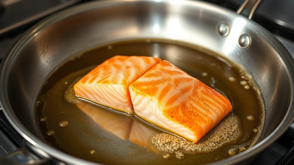 process: Salmon fillet being pan-seared in stainless steel skillet with golden crust forming, butter bubbling around edges, professional kitchen lighting, showing the searing technique in action, no text
