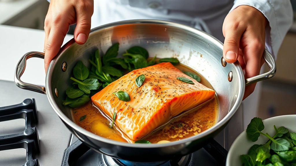 process: chef's hands flipping salmon in a stainless steel skillet with melted butter and garlic, fresh spinach ready to add, photorealistic, bright kitchen lighting, no text