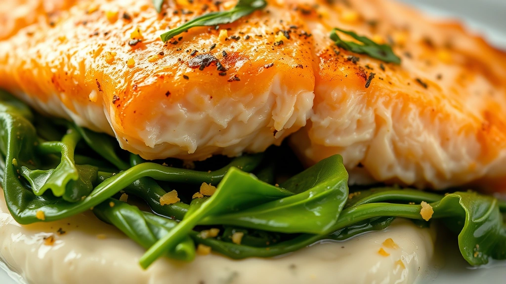 detail: close-up of golden crispy salmon skin with fresh lemon zest and herb garnish on creamy spinach base, photorealistic, shallow depth of field, natural light, no text