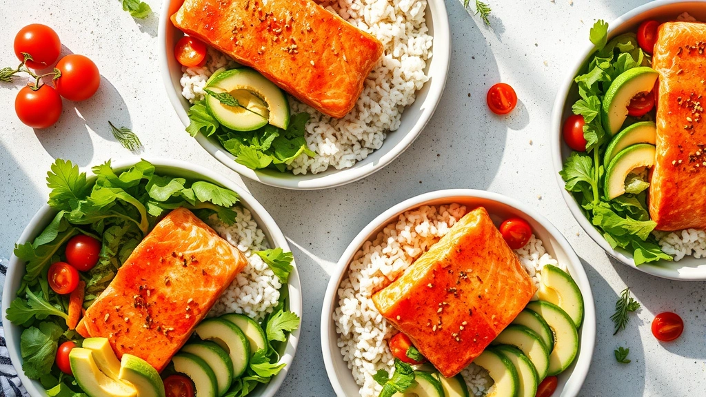 hero: four salmon bowls with rice, fresh greens, sliced avocado, cucumber, carrots, cherry tomatoes, sesame seeds, overhead flat lay, natural sunlight streaming from left, vibrant colors, appetizing presentation