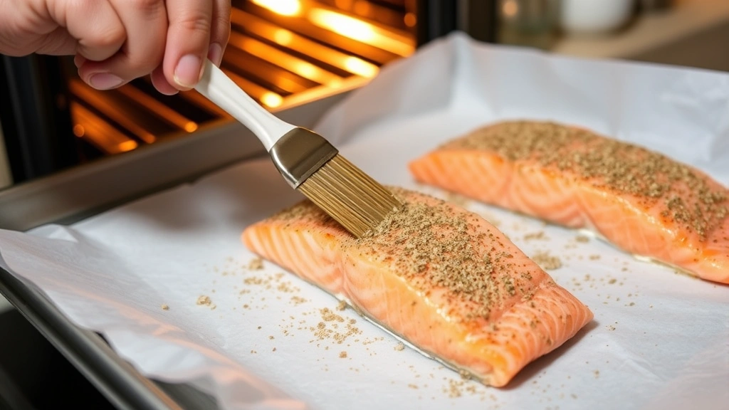 process: salmon fillets on parchment paper being brushed with seasoning, hand holding brush, oven in background slightly open, warm kitchen lighting