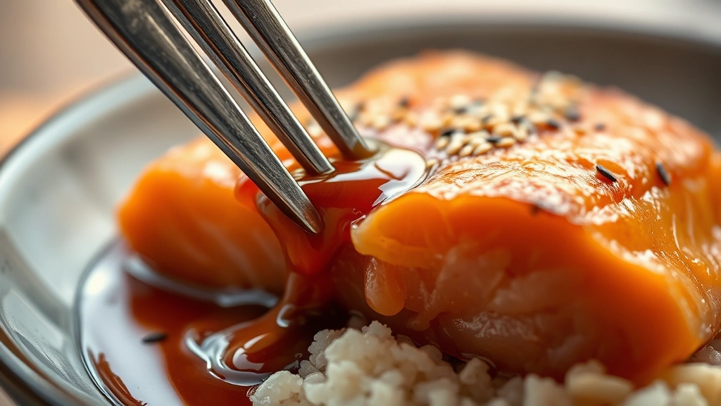 detail: close-up of salmon flake being broken with fork, sauce dripping, sesame seeds visible, shallow depth of field, warm natural light
