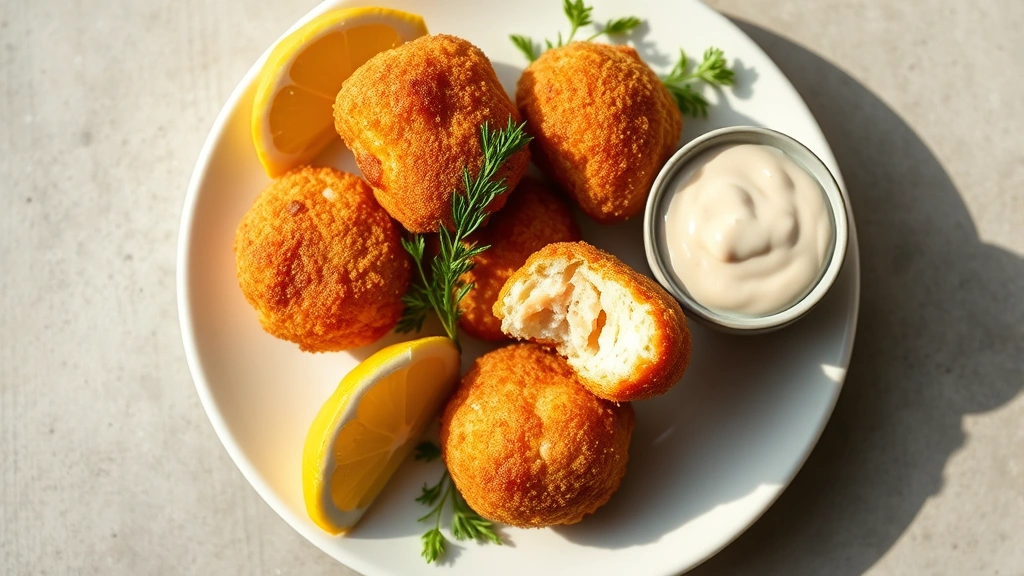 hero: golden crispy salmon croquettes on a white plate with fresh lemon wedges and tartar sauce, photorealistic, natural daylight, top-down angle, no text