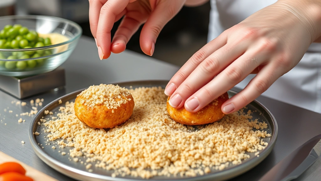 process: hands breading a salmon croquette in panko breadcrumbs at a prep station, photorealistic, natural light, close-up angle, no text