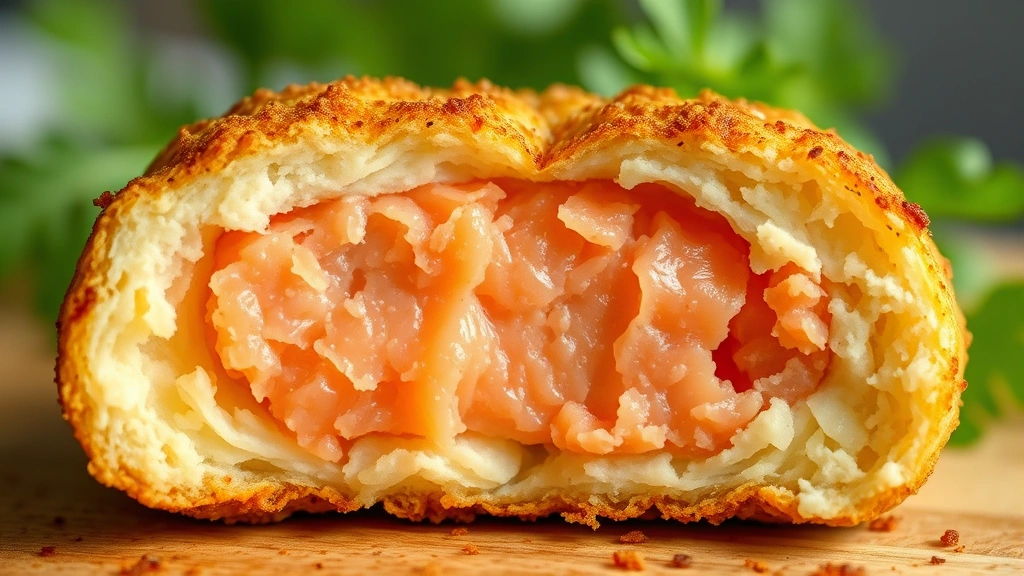 detail: cross-section of a halved salmon croquette showing flaky salmon interior and crispy golden coating, photorealistic, natural light, macro photography, no text