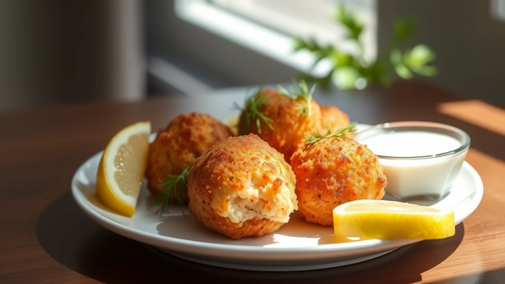 hero: golden crispy salmon croquettes on white plate with fresh lemon wedges and dill garnish, tartar sauce in small bowl beside, photorealistic, natural daylight from window, soft shadows, no text