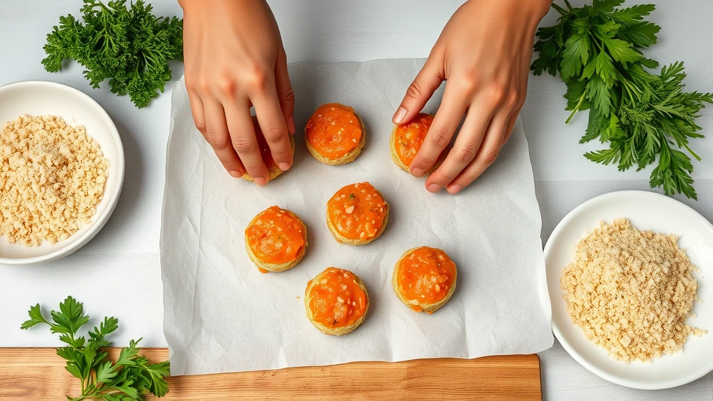 process: hands forming salmon mixture into oval croquette shapes on parchment paper, panko breadcrumbs on plate nearby, fresh herbs scattered around, photorealistic, bright kitchen lighting, no text