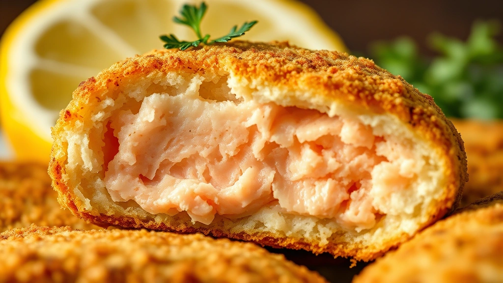 detail: close-up cross-section of cooked salmon croquette showing flaky salmon interior and golden crispy panko exterior, lemon wedge in background, photorealistic, macro photography, soft natural light, no text