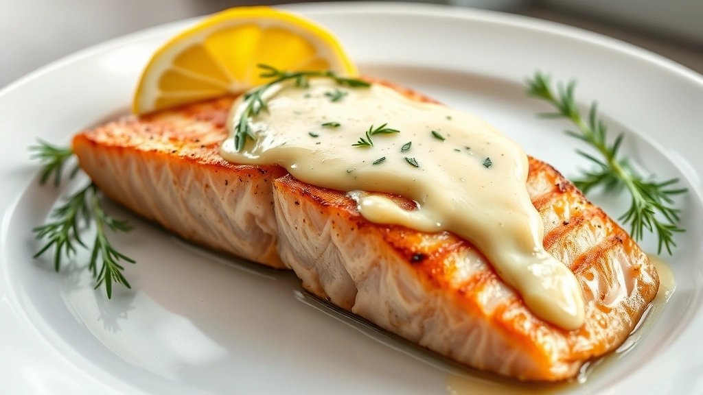 hero: perfectly seared salmon fillet with crispy golden skin, topped with fresh dill butter sauce and lemon slices, served on white plate, photorealistic, natural window light, no text