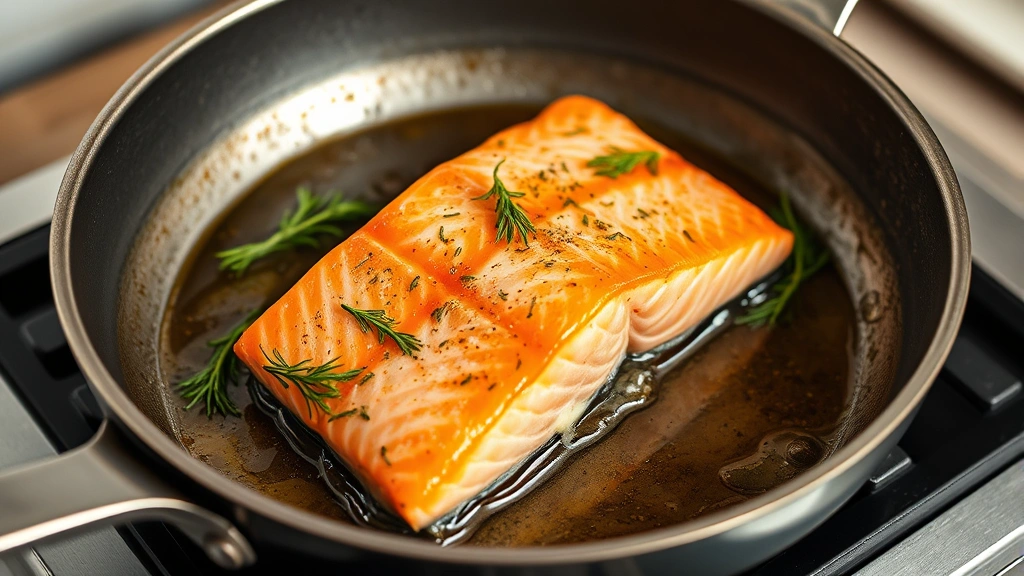 process: salmon fillet sizzling in skillet with melting butter and fresh dill, mid-cooking, photorealistic, warm natural light, no text