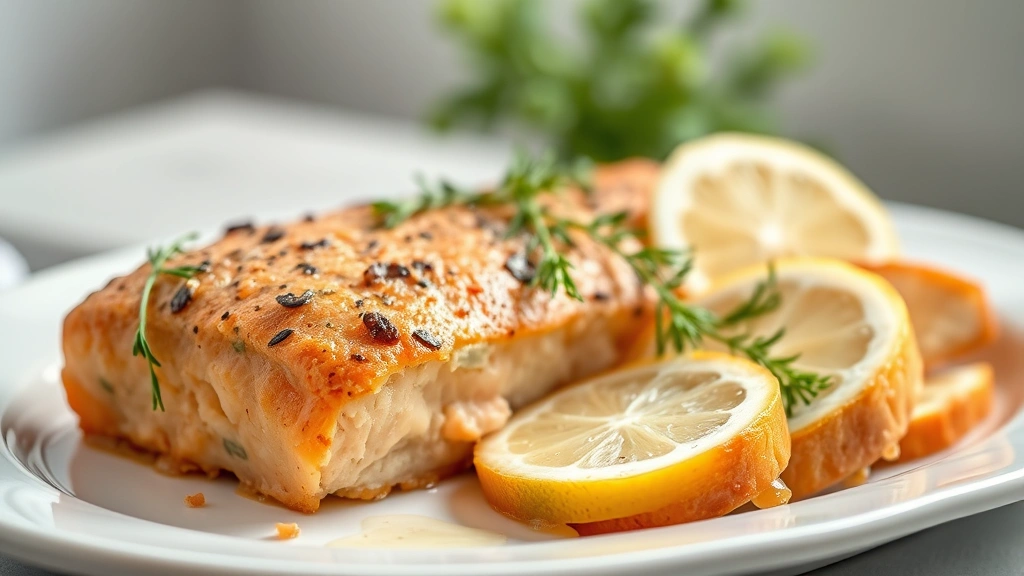 hero: golden-brown salmon loaf on white ceramic platter, garnished with fresh dill and lemon slices, photorealistic, natural window light, shallow depth of field, no text