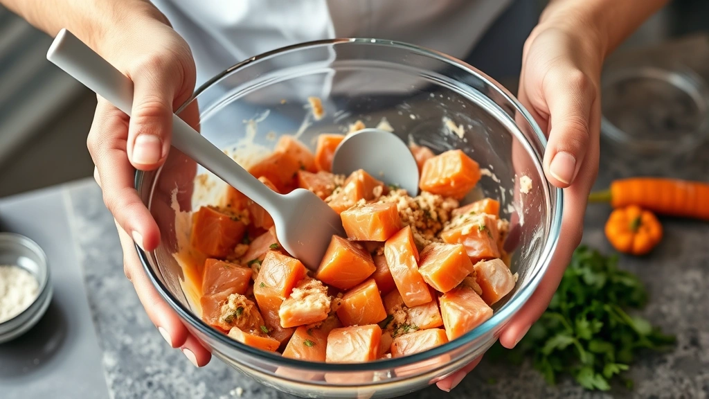 process: hands gently folding salmon mixture with rubber spatula in glass bowl, ingredients visible, photorealistic, bright kitchen lighting, no text