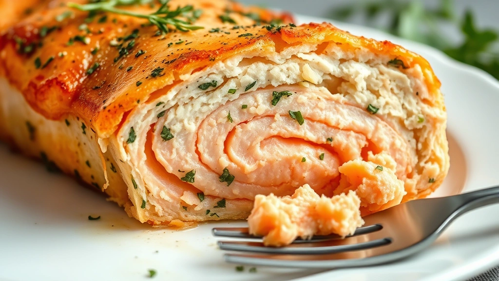 detail: close-up cross-section of baked salmon loaf showing flaky salmon texture and herbs, on white plate with fork, photorealistic, natural light, no text