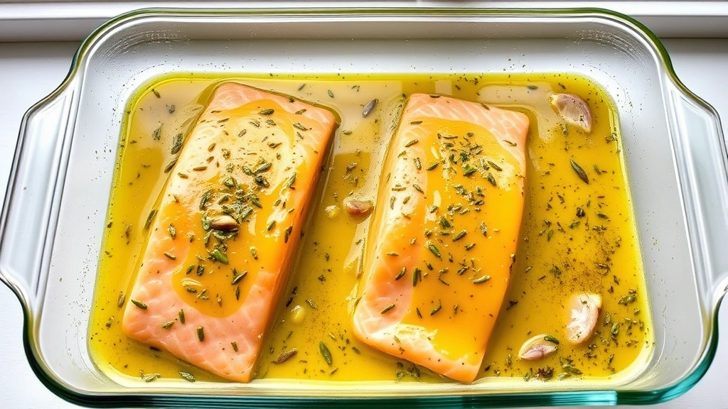 process: salmon fillets in glass baking dish covered with bright yellow-green marinade with visible garlic and herbs, natural window light from above, no text