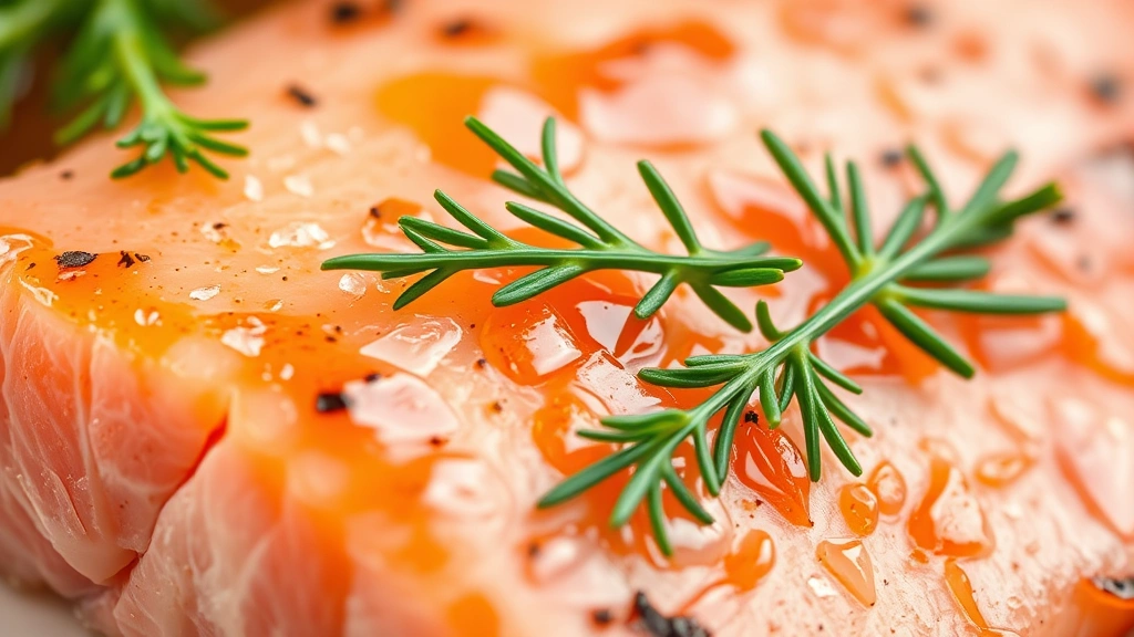 detail: close-up of salmon flesh showing pink color and flaking texture with marinade glistening on surface, fresh dill garnish, macro photography, no text