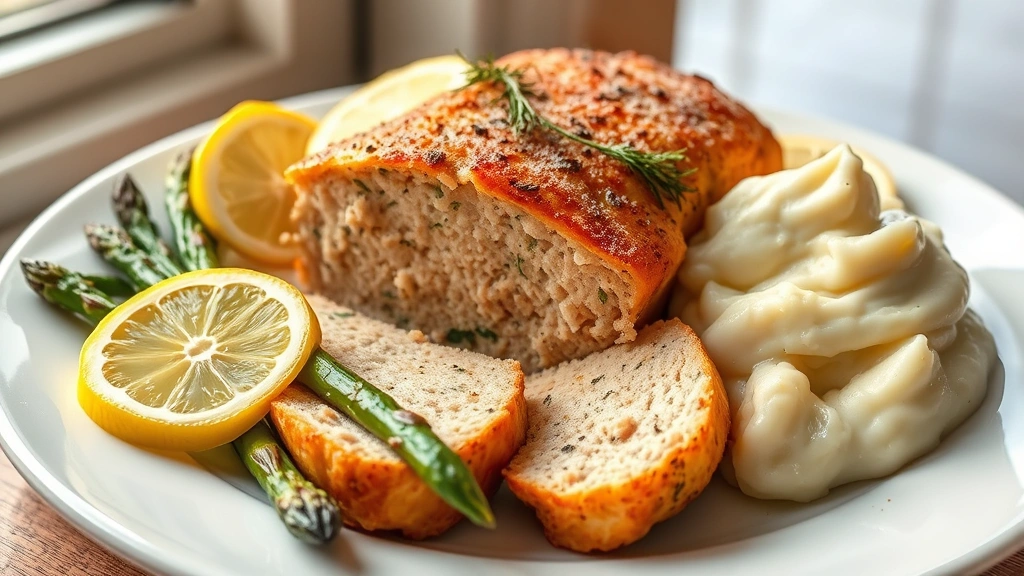 hero: golden-baked salmon meatloaf sliced on white plate with fresh lemon slices and dill garnish, served with roasted asparagus and creamy mashed potatoes, natural window light, professional food photography, elegant plating