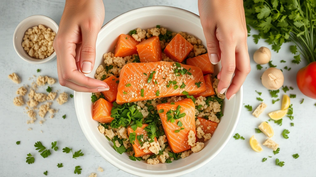 process: hands mixing salmon mixture in white bowl with fresh herbs and breadcrumbs visible, overhead shot, natural bright light, food in motion, fresh ingredients scattered around