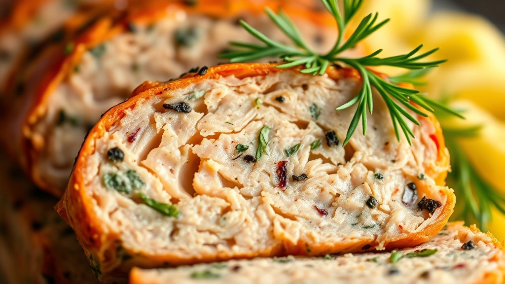 detail: close-up cross-section of sliced salmon meatloaf showing flaky salmon texture and herb flecks, warm golden color, shallow depth of field, fresh dill sprig on top, natural lighting