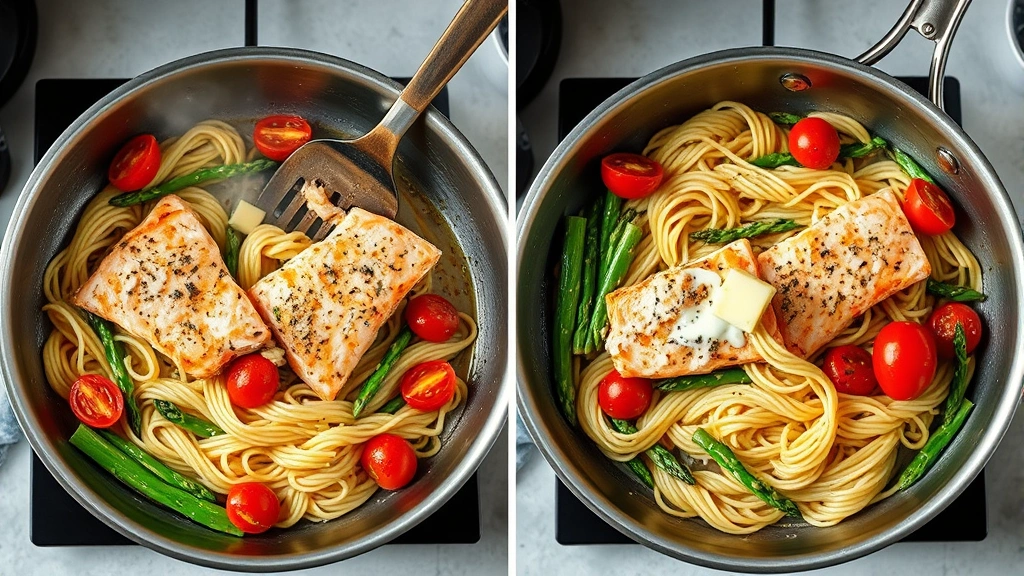 process: cook sautéing salmon and orzo together in a large skillet with asparagus and tomatoes, butter and cream visible, photorealistic, natural kitchen lighting, no text
