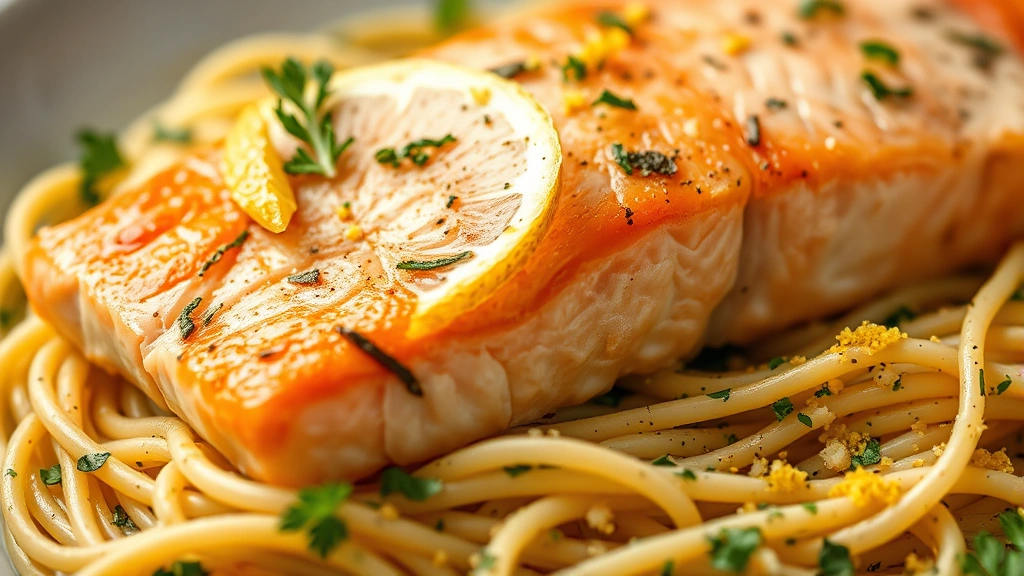 detail: close-up of flaky salmon fillet on creamy orzo pasta with fresh herbs and lemon zest, photorealistic, shallow depth of field, natural lighting, no text