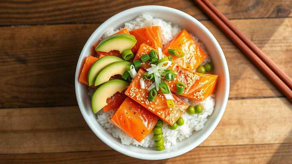 hero: beautiful salmon poke bowl from above, vibrant colors with salmon, avocado, edamame, sesame seeds, on fluffy white sushi rice in white ceramic bowl, garnished with green onions and nori strips, natural daylight, wooden table background, no text or watermarks