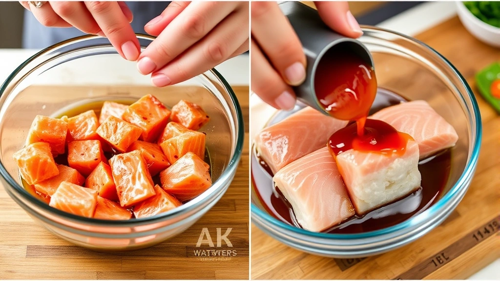 process: hands marinating cubed sushi-grade salmon in glass bowl with marinade, showing the glistening raw fish pieces being coated with sauce, natural kitchen lighting, no text or watermarks