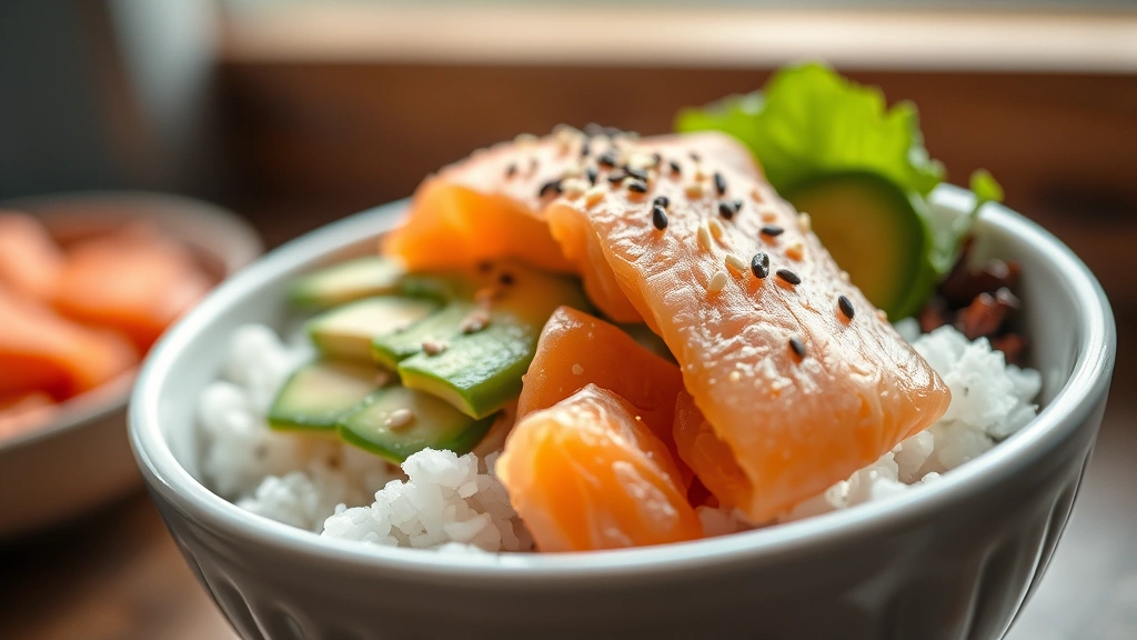 detail: close-up macro shot of perfectly arranged poke bowl with sesame seeds catching light, layers of salmon, avocado, and rice visible, shallow depth of field, natural window light, no text or watermarks