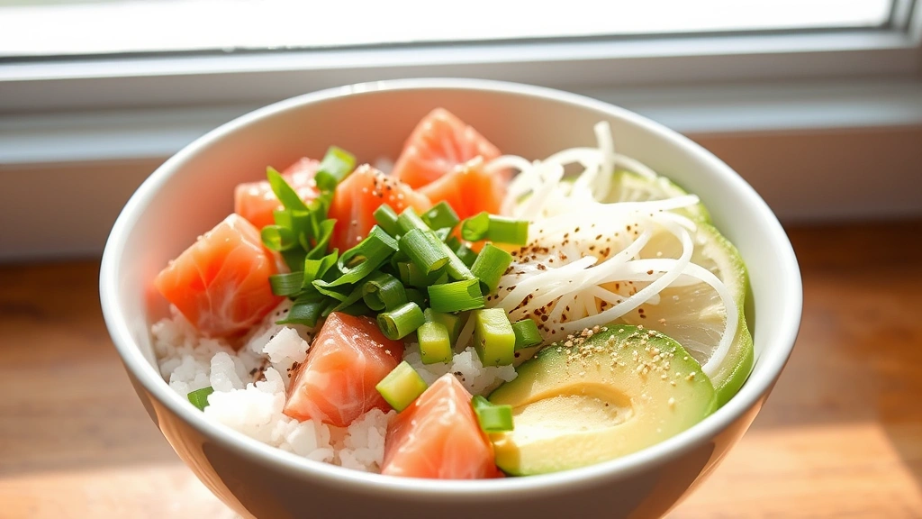 hero: beautiful salmon poke bowl with vibrant pink salmon cubes, white sushi rice base, green onions, sesame seeds, avocado slices, and nori strips, served in a white ceramic bowl, natural daylight from window, minimal shadows, appetizing and fresh appearance