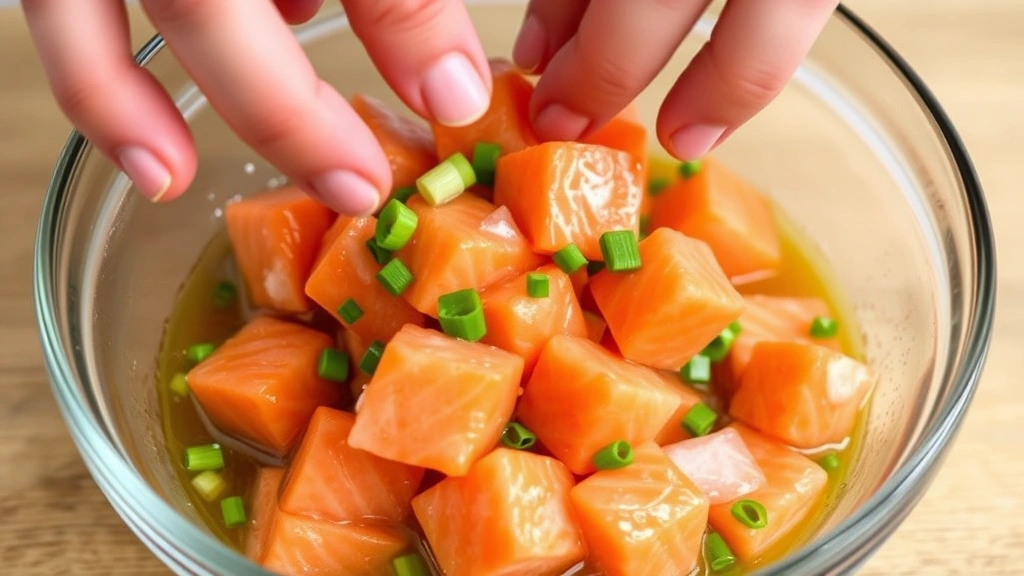 process: hands gently folding marinated salmon cubes with green onions in clear glass bowl, marinade glistening, close-up action shot, natural light, showing preparation technique